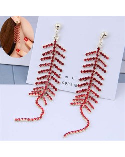 Red Rhinestone Embellished Elegant Dangling Tassel Design Women Alloy Earrings