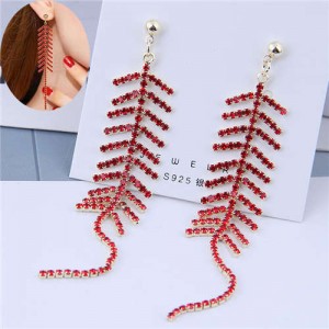 Red Rhinestone Embellished Elegant Dangling Tassel Design Women Alloy Earrings