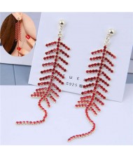Red Rhinestone Embellished Elegant Dangling Tassel Design Women Alloy Earrings