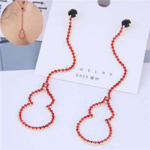 Red Rhinestone Fashion Dangling Gourd Design Women Alloy Earrings