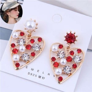 Shining Rhinestone and Pearls Decorated Hollow Golden Heart Design Korean Fashion Earrings