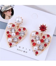 Shining Rhinestone and Pearls Decorated Hollow Golden Heart Design Korean Fashion Earrings