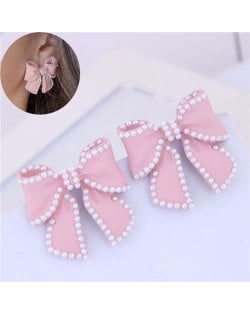 Korean Fashion Bowknot Design Oil-spot Glazed Alloy Women Earrings - Pink