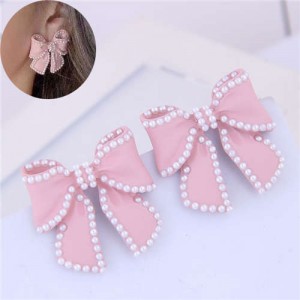 Korean Fashion Bowknot Design Oil-spot Glazed Alloy Women Earrings - Pink