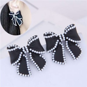 Korean Fashion Bowknot Design Oil-spot Glazed Alloy Women Earrings - Black