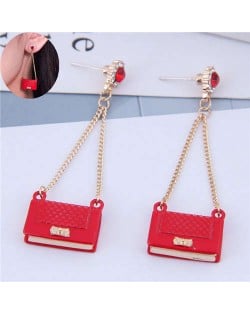 Rhinestone Embellished Korean Fashion Dangling Handbag Design Women Alloy Earrings - Red