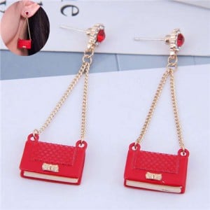 Rhinestone Embellished Korean Fashion Dangling Handbag Design Women Alloy Earrings - Red