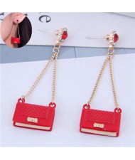 Rhinestone Embellished Korean Fashion Dangling Handbag Design Women Alloy Earrings - Red
