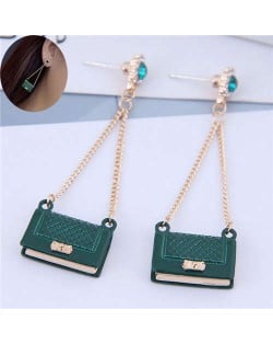 Rhinestone Embellished Korean Fashion Dangling Handbag Design Women Alloy Earrings - Green