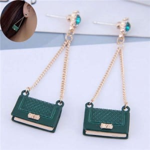 Rhinestone Embellished Korean Fashion Dangling Handbag Design Women Alloy Earrings - Green