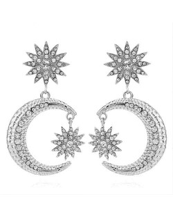 Rhinestone Embellished Moon and Star High Fashion Women Statement Earrings - Silver