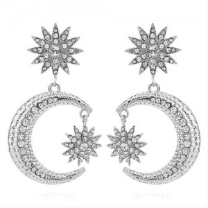 Rhinestone Embellished Moon and Star High Fashion Women Statement Earrings - Silver