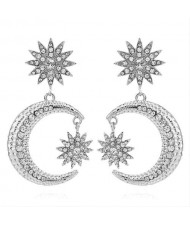 Rhinestone Embellished Moon and Star High Fashion Women Statement Earrings - Silver