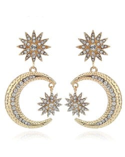 Rhinestone Embellished Moon and Star High Fashion Women Statement Earrings - Golden