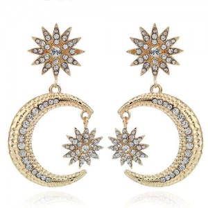 Rhinestone Embellished Moon and Star High Fashion Women Statement Earrings - Golden