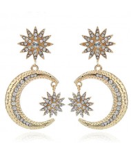 Rhinestone Embellished Moon and Star High Fashion Women Statement Earrings - Golden