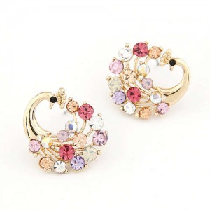 Czeche Rhinestone Embellished Colorful Peacock Design Korean Fashion Women Alloy Earrings