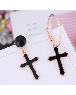 Black Oil-spot Glazed Cross Design Asymmetric Women Costume Earrings