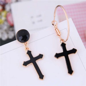Black Oil-spot Glazed Cross Design Asymmetric Women Costume Earrings