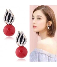 Rhinestone Embellished Artificial Pearl Tulip Design Women Alloy Earrings - Red