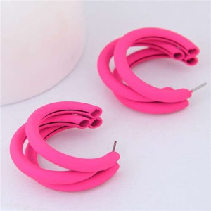 Fluorescent Color Semi-circle Design High Fashion Women Earrings - Pink
