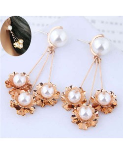 Pearl Inlaid Golden Flowers Pendants Design Dangling Women Fashion Statement Earrings