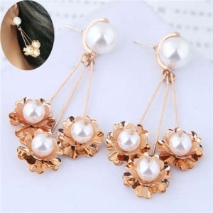 Pearl Inlaid Golden Flowers Pendants Design Dangling Women Fashion Statement Earrings
