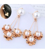 Pearl Inlaid Golden Flowers Pendants Design Dangling Women Fashion Statement Earrings