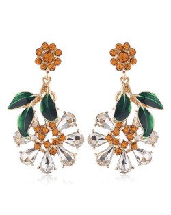 Vintage Fashion Flower and Leaves Design Rhinestone Women Costume Earrings