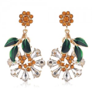 Vintage Fashion Flower and Leaves Design Rhinestone Women Costume Earrings