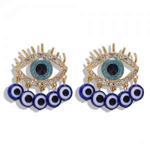 Rhinestone Embellished Blue Eye Design High Fashion Women Statement Earrings