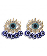 Rhinestone Embellished Blue Eye Design High Fashion Women Statement Earrings