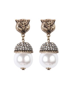 Vintage Lion Head with Pearl Fashion Design Women Statement Earrings