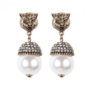 Vintage Lion Head with Pearl Fashion Design Women Statement Earrings