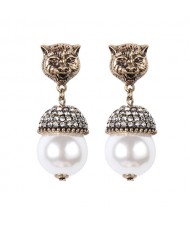 Vintage Lion Head with Pearl Fashion Design Women Statement Earrings