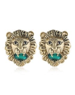 Western High Fashion Lion Head Design Women Statement Earrings - Green