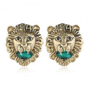 Western High Fashion Lion Head Design Women Statement Earrings - Green