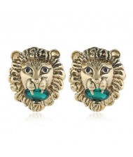 Western High Fashion Lion Head Design Women Statement Earrings - Green