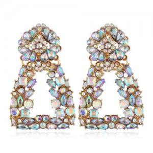 Rhinestone Floral Trapezoid Design High Fashion Women Alloy Earrings - White