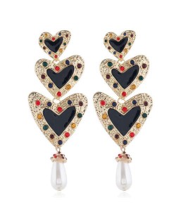 Triple Peach Hearts Dangling Fashion Women Statement Alloy Earrings