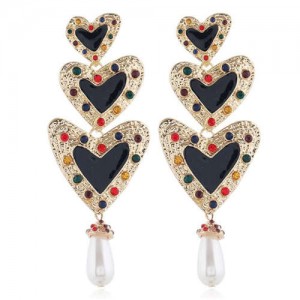 Triple Peach Hearts Dangling Fashion Women Statement Alloy Earrings
