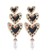 Triple Peach Hearts Dangling Fashion Women Statement Alloy Earrings
