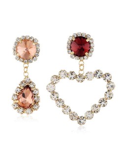 Shining Rhinestone Heart Asymmetric Design Wedding Fashion Women Alloy Earrings