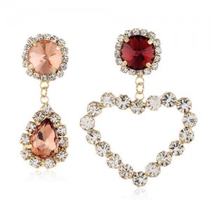 Shining Rhinestone Heart Asymmetric Design Wedding Fashion Women Alloy Earrings