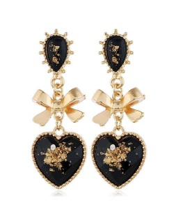 Vintage Style Golden Bowknot and Black Heart Design Women Alloy Statement Earrings