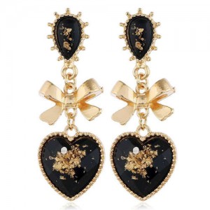 Vintage Style Golden Bowknot and Black Heart Design Women Alloy Statement Earrings