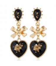 Vintage Style Golden Bowknot and Black Heart Design Women Alloy Statement Earrings