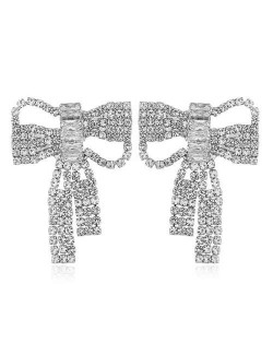 Shing Rhinestone Korean Fashion Elegant Bowknot Women Alloy Earrings - Silver