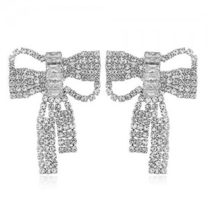 Shing Rhinestone Korean Fashion Elegant Bowknot Women Alloy Earrings - Silver