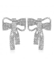 Shing Rhinestone Korean Fashion Elegant Bowknot Women Alloy Earrings - Silver